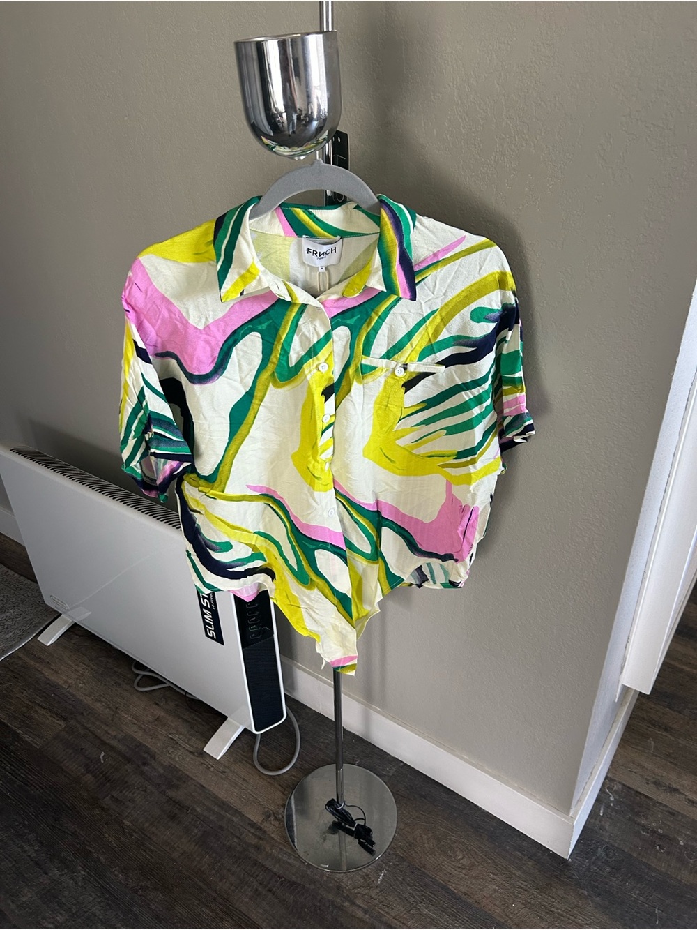 FRNCH Vibrant Abstract Button-Up Shirt in Yellow Pink Green